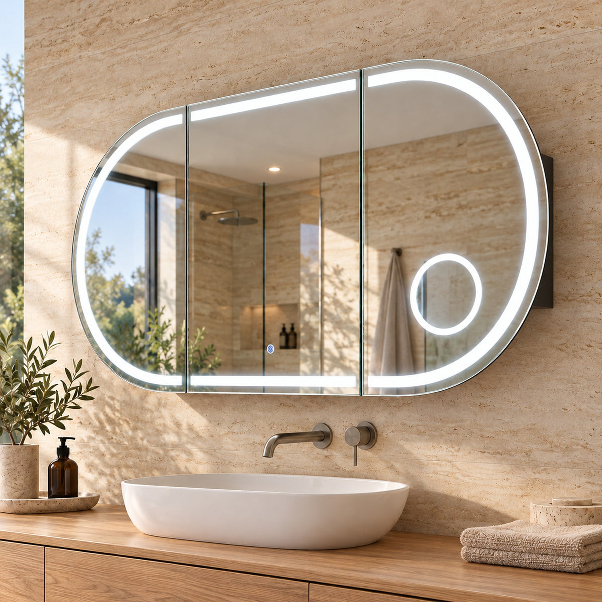 LED-Spiegelschrank 120 × 65 cm im hellen modernen Bad mit Holzwaschtisch – seitliche Ansicht mit sichtbarem Schrankkörper.
