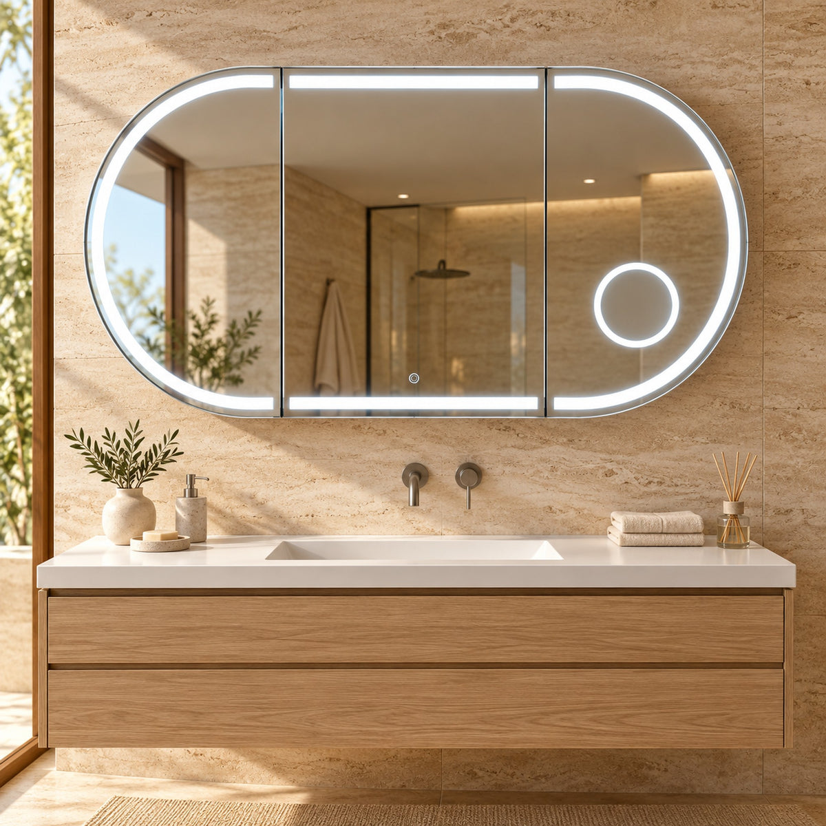 LED-Spiegelschrank 120 × 65 cm über einem Holzwaschtisch im hellen Badezimmer mit Travertinwand.
