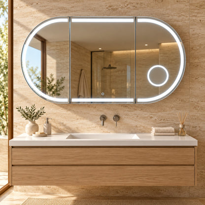 LED-Spiegelschrank 120 × 65 cm über einem Holzwaschtisch im hellen Badezimmer mit Travertinwand.
