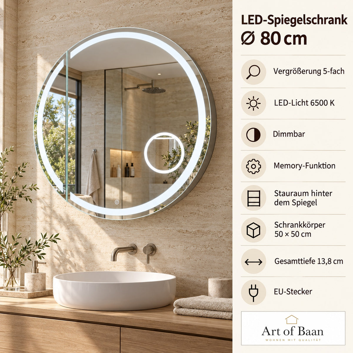 LED-Spiegelschrank 800R-H im hellen modernen Bad mit Holzwaschtisch – Produktübersicht mit Maßen, Lichtfunktionen und Vergrößerungsangabe.
