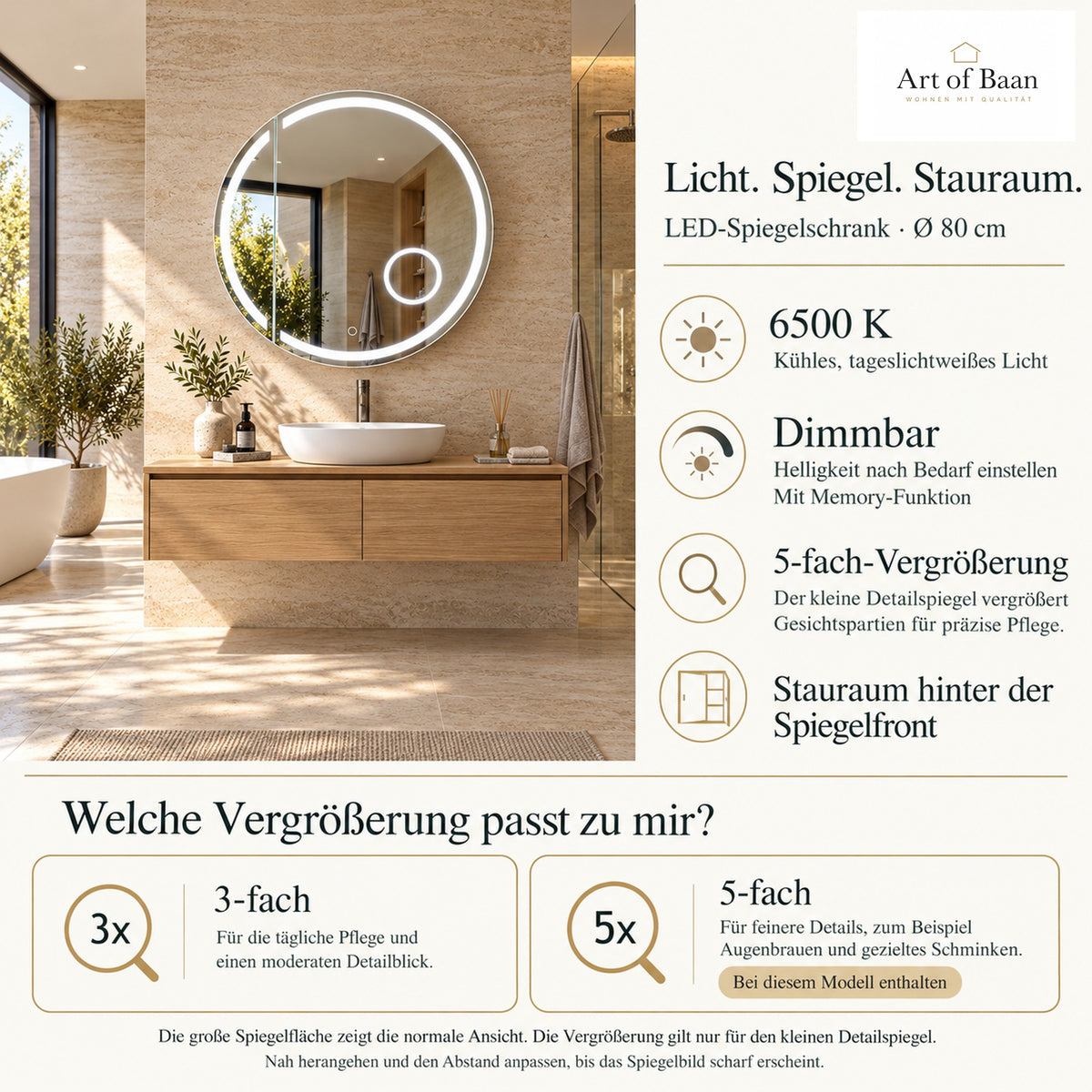 Runder LED-Spiegelschrank mit 80 cm Durchmesser im modernen Bad, mit Erklärung der 5-fachen Vergrößerung und Lichtfunktionen.