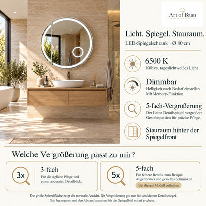 Runder LED-Spiegelschrank mit 80 cm Durchmesser im modernen Bad, mit Erklärung der 5-fachen Vergrößerung und Lichtfunktionen.