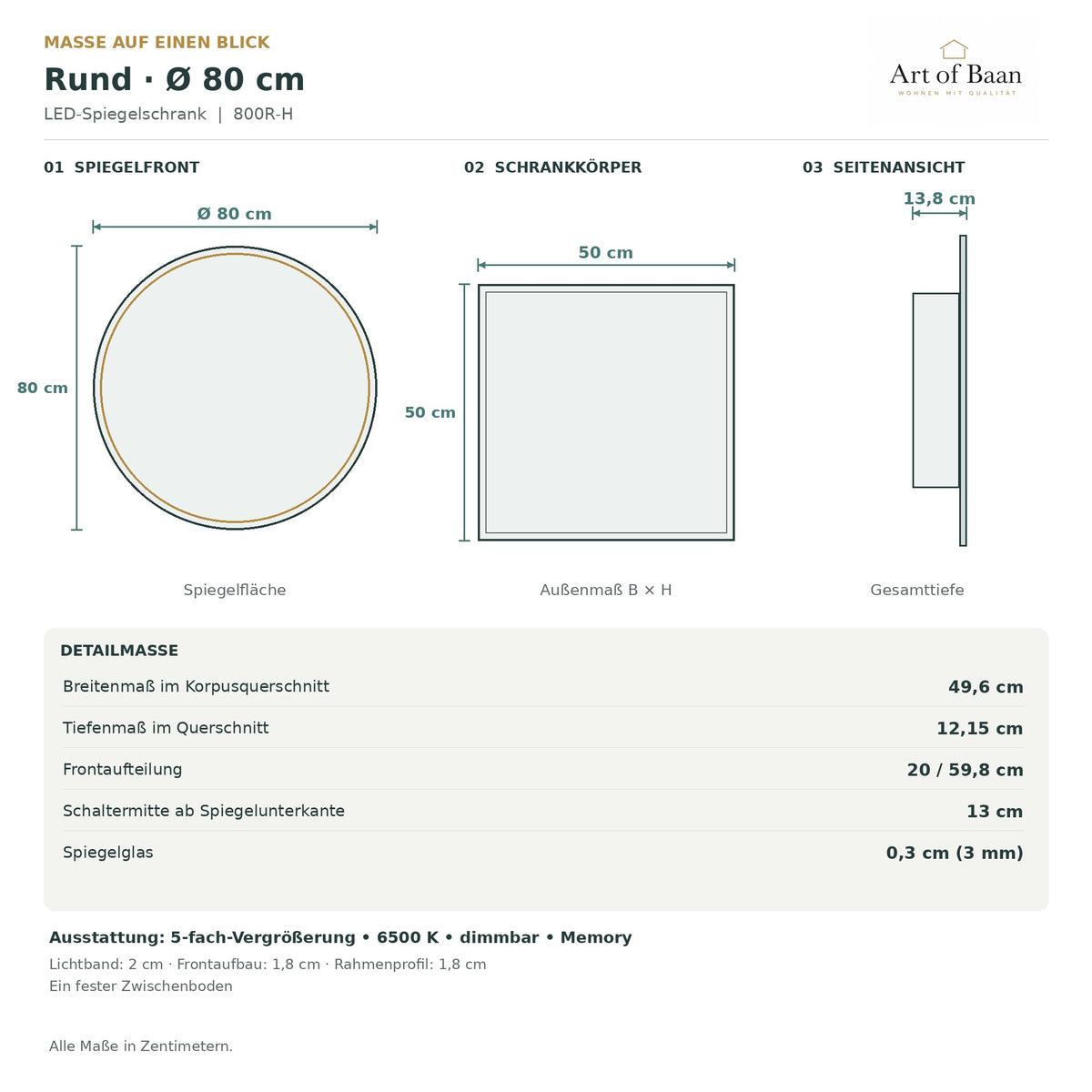 Maßgrafik der Ø 80 cm großen Spiegelfront des LED-Spiegelschranks 800R-H.
