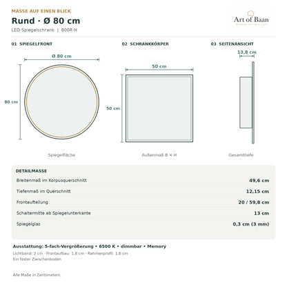 Maßgrafik der Ø 80 cm großen Spiegelfront des LED-Spiegelschranks 800R-H.
