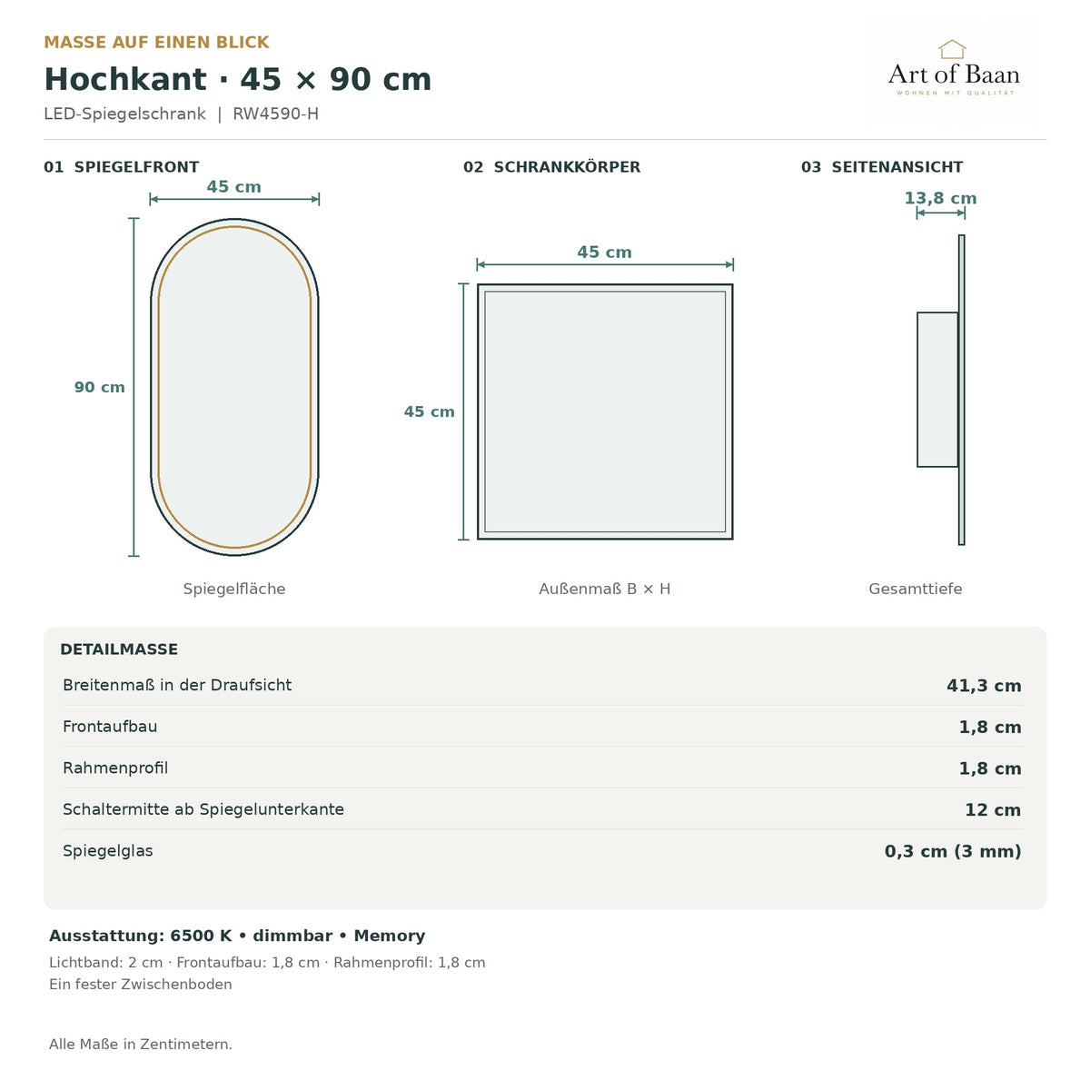 Maßzeichnung des ovalen LED-Spiegelschranks mit 45 × 90 cm Spiegelfront, 45 × 45 cm Schrankkörper und 13,8 cm Gesamttiefe.