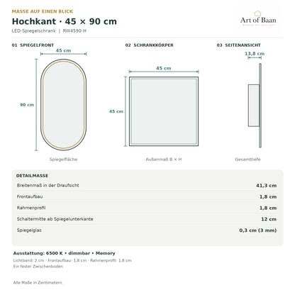 Maßzeichnung des ovalen LED-Spiegelschranks mit 45 × 90 cm Spiegelfront, 45 × 45 cm Schrankkörper und 13,8 cm Gesamttiefe.