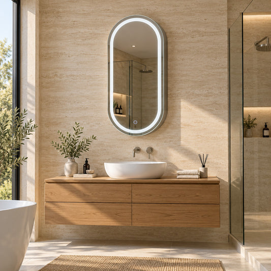 LED-Spiegelschrank oval 45 x 90 cm im hellen modernen Bad mit Holzwaschtisch – Raumansicht aus der Ferne.
