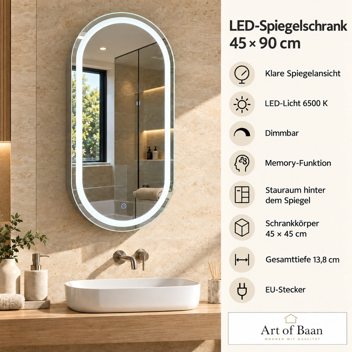 Ovaler LED-Spiegelschrank 45 × 90 cm im hellen modernen Bad mit Holzwaschtisch – Produktübersicht mit Maßen, Lichtfunktionen und Vergrößerungsangabe.
