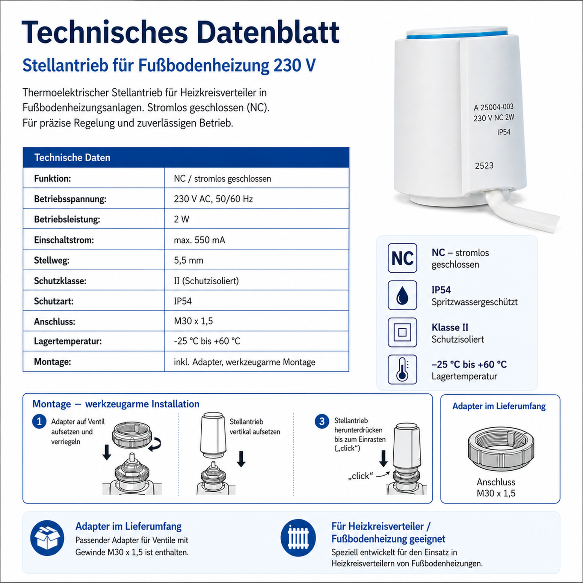 Technische Daten Stellantrieb 230V NC 2W IP54 M30x1,5 für Heizkreisverteiler