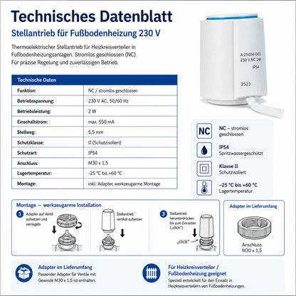 Technische Daten Stellantrieb 230V NC 2W IP54 M30x1,5 für Heizkreisverteiler