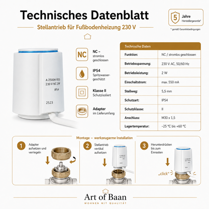 Technisches Datenblatt Stellantrieb 230 V NC IP54 M30 x 1,5 für Heizkreisverteiler und Fußbodenheizung.
