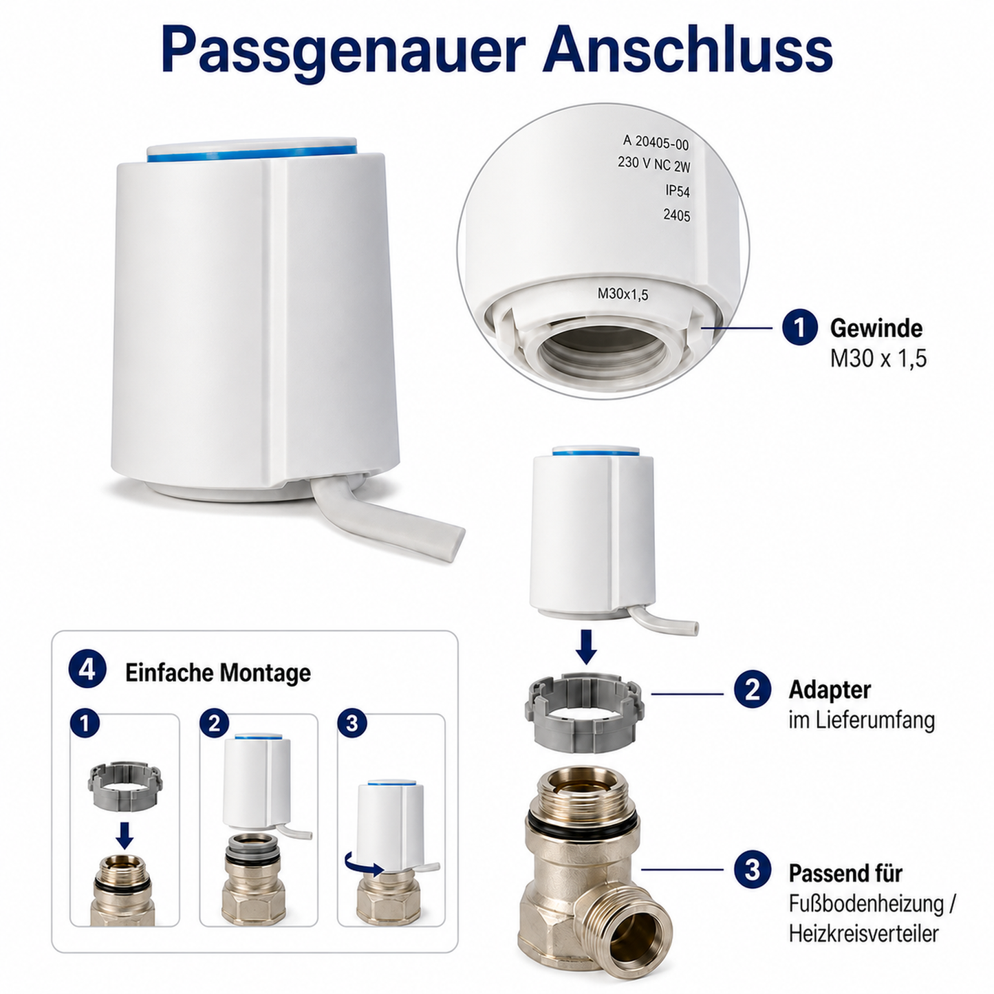 Stellantrieb mit M30x1,5 Anschluss und Adapterring für Heizkreisverteiler