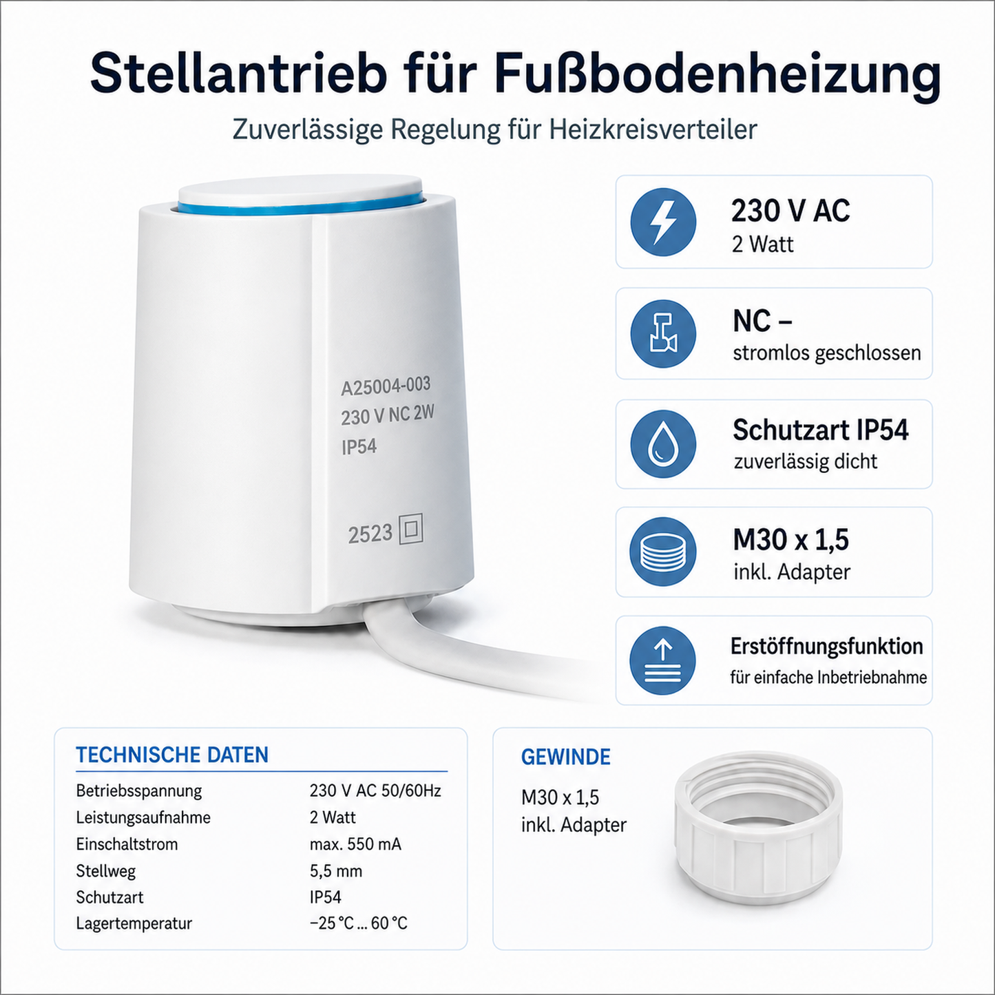 Thermoelektrischer Stellantrieb 230V NC 2W für Heizkreisverteiler und Fußbodenheizung