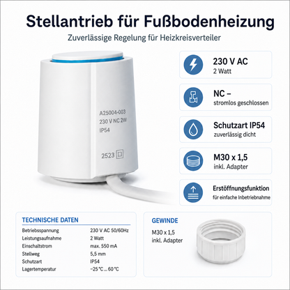 Thermoelektrischer Stellantrieb 230V NC 2W für Heizkreisverteiler und Fußbodenheizung