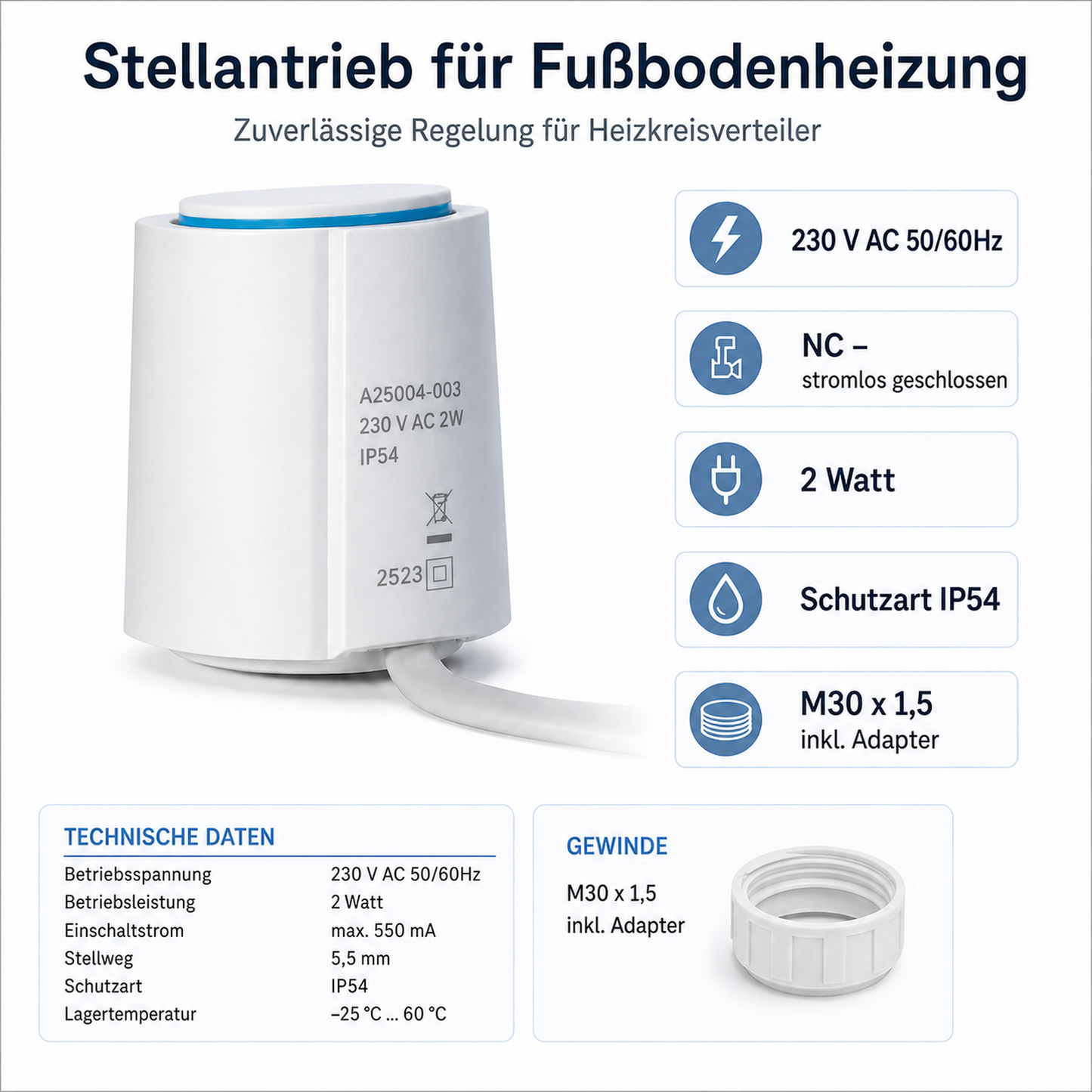Thermoelektrischer Stellantrieb 230V NC 2W für Heizkreisverteiler und Fußbodenheizung