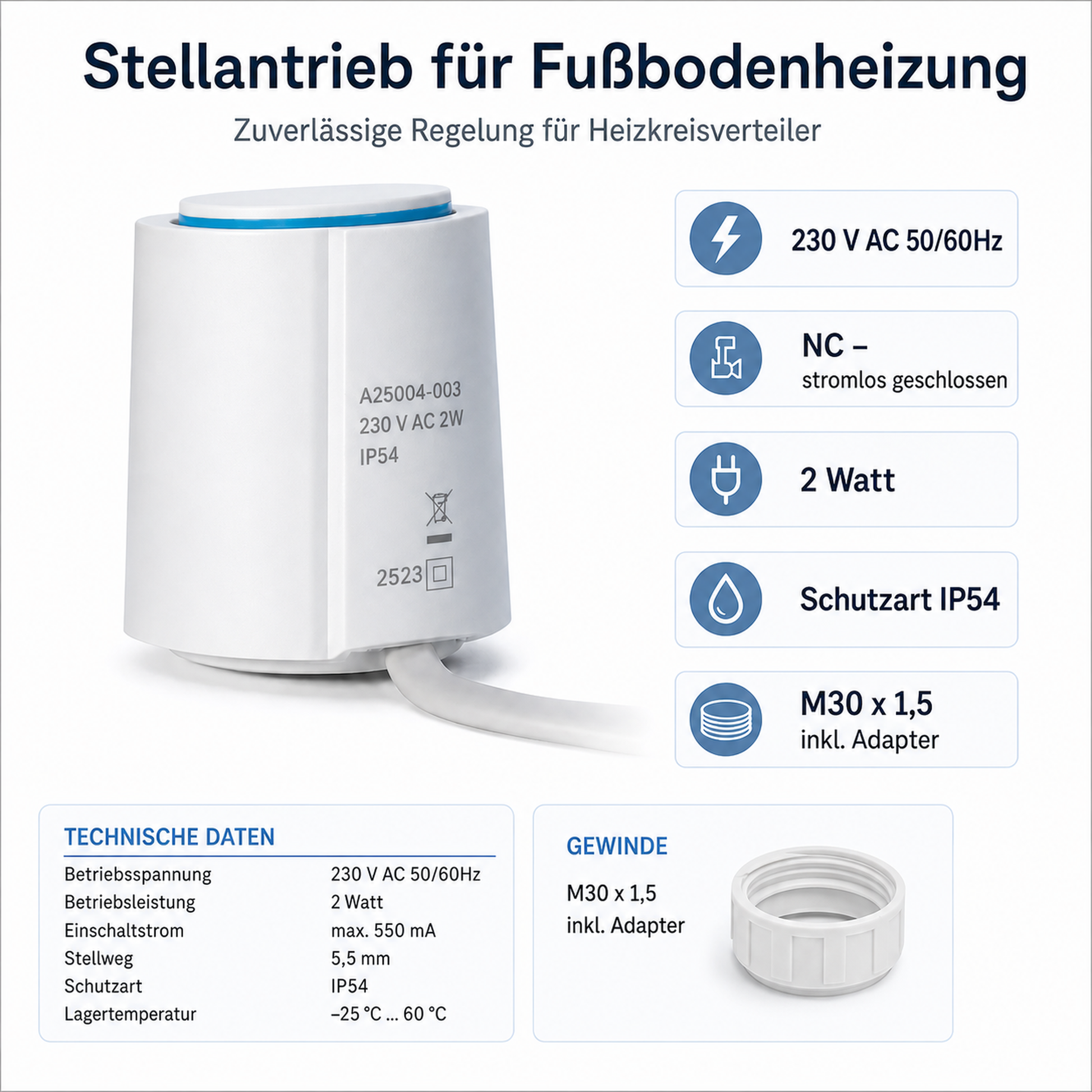 Thermoelektrischer Stellantrieb 230V NC 2W für Heizkreisverteiler und Fußbodenheizung