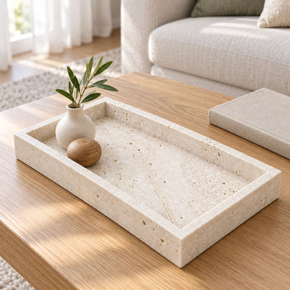 Dekotablett aus weißem Travertin mit kleiner Vase und Holzkugel auf einem hellen Couchtisch vor einem Sofa.