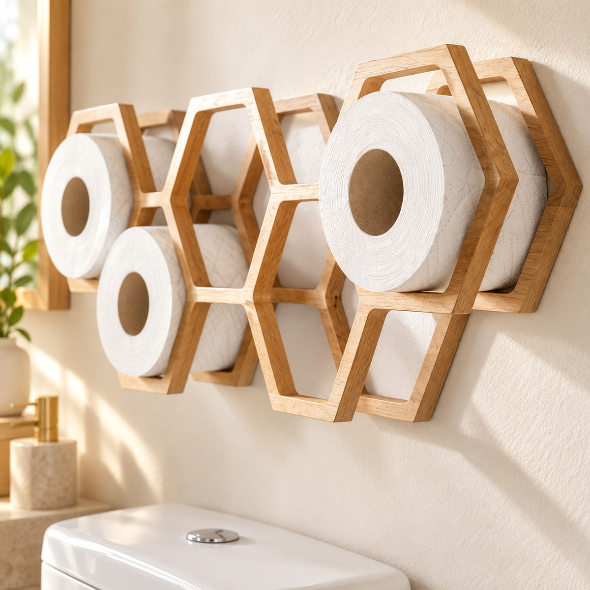 Wandmontierter Ersatzrollenhalter aus Holz in Wabenform mit weißen Toilettenpapierrollen in einem hellen Badezimmer.