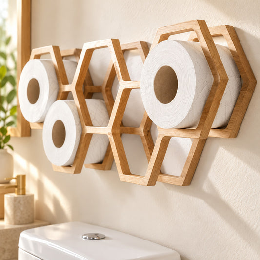 Wandmontierter Ersatzrollenhalter aus Holz in Wabenform mit weißen Toilettenpapierrollen in einem hellen Badezimmer.