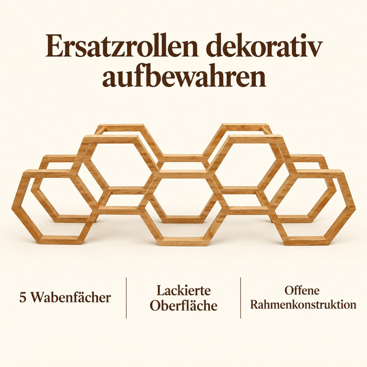 Toilettenpapierhalter mit fünf Wabenfächern, lackierter Oberfläche und offener Rahmenkonstruktion.