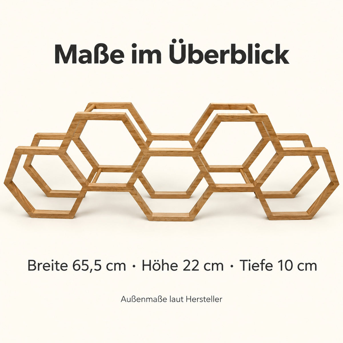 Maßübersicht des Toilettenpapierhalters aus Holz: 65,5 cm breit, 22 cm hoch und 10 cm tief.