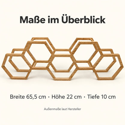 Maßübersicht des Toilettenpapierhalters aus Holz: 65,5 cm breit, 22 cm hoch und 10 cm tief.
