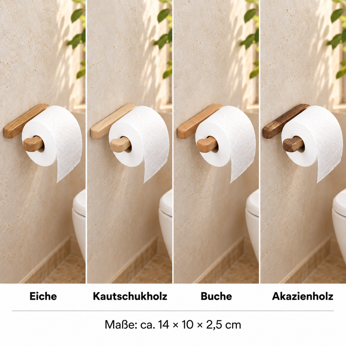 Vier Toilettenpapierhalter aus unterschiedlichen Holzarten mit Papierrolle an der Wand