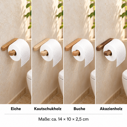 Vier Toilettenpapierhalter aus unterschiedlichen Holzarten mit Papierrolle an der Wand