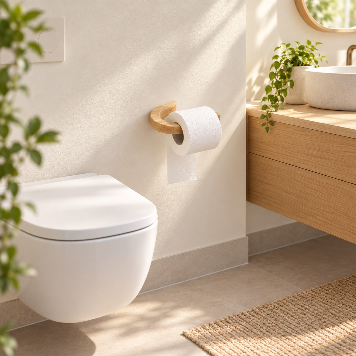 Helles modernes Badezimmer mit Toilettenpapierhalter aus Kautschukholz neben WC und Holzwaschtisch.
