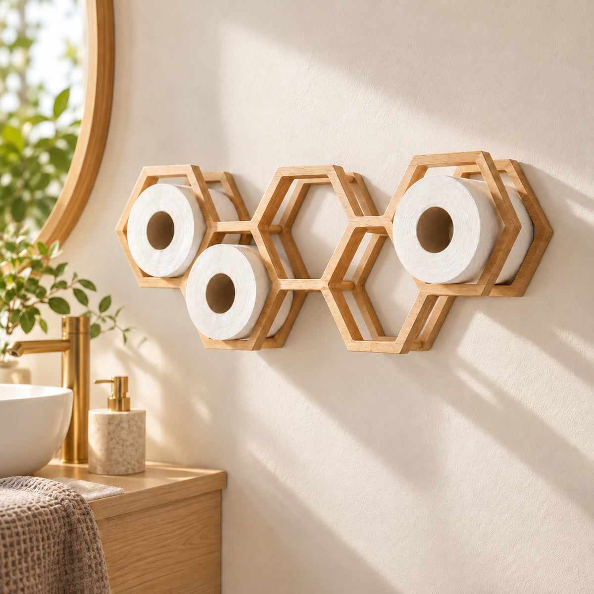 Schrägansicht des Toilettenpapierhalters aus Kautschukholz mit fünf Wabenfächern, offenen Holzrahmen und drei weißen Rollen an einer hellen Badwand.