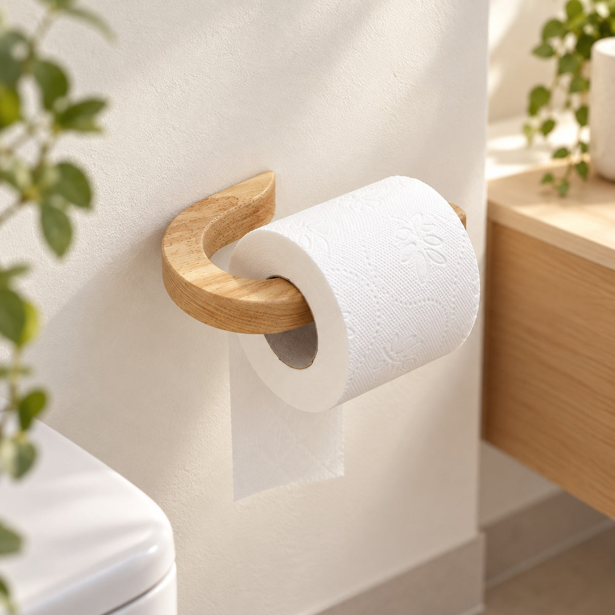 Toilettenpapierhalter aus hellem Kautschukholz mit weißer Papierrolle, waagerecht an einer hellen Badwand montiert.
