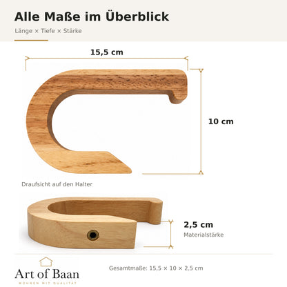 Maßgrafik des Toilettenpapierhalters aus Kautschukholz: 15,5 cm Breite, 10 cm Tiefe und 2,5 cm Stärke.
