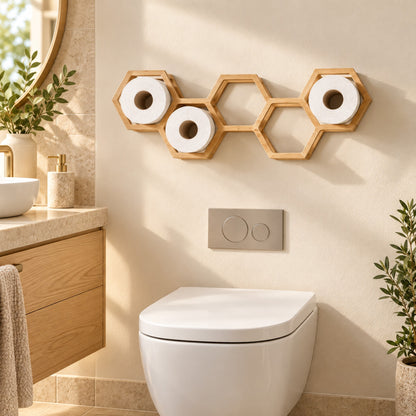 Toilettenpapierhalter aus Kautschukholz mit fünf Wabenfächern und drei weißen Ersatzrollen über einem wandhängenden WC im hellen Bad.