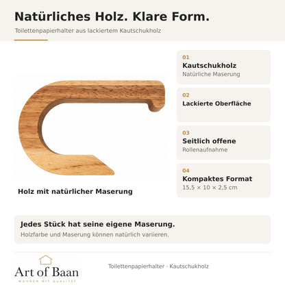 Produktmerkmale des lackierten Kautschukholz-Toilettenpapierhalters mit natürlicher Maserung und offener Rollenaufnahme.
