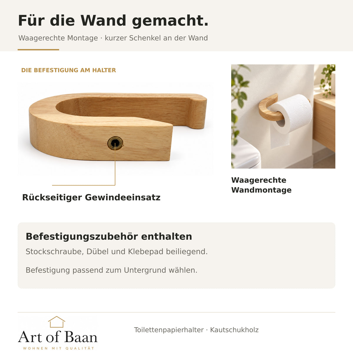 Montageübersicht zum Toilettenpapierhalter mit rückseitigem Gewindeeinsatz und Beispiel der waagerechten Wandmontage.
