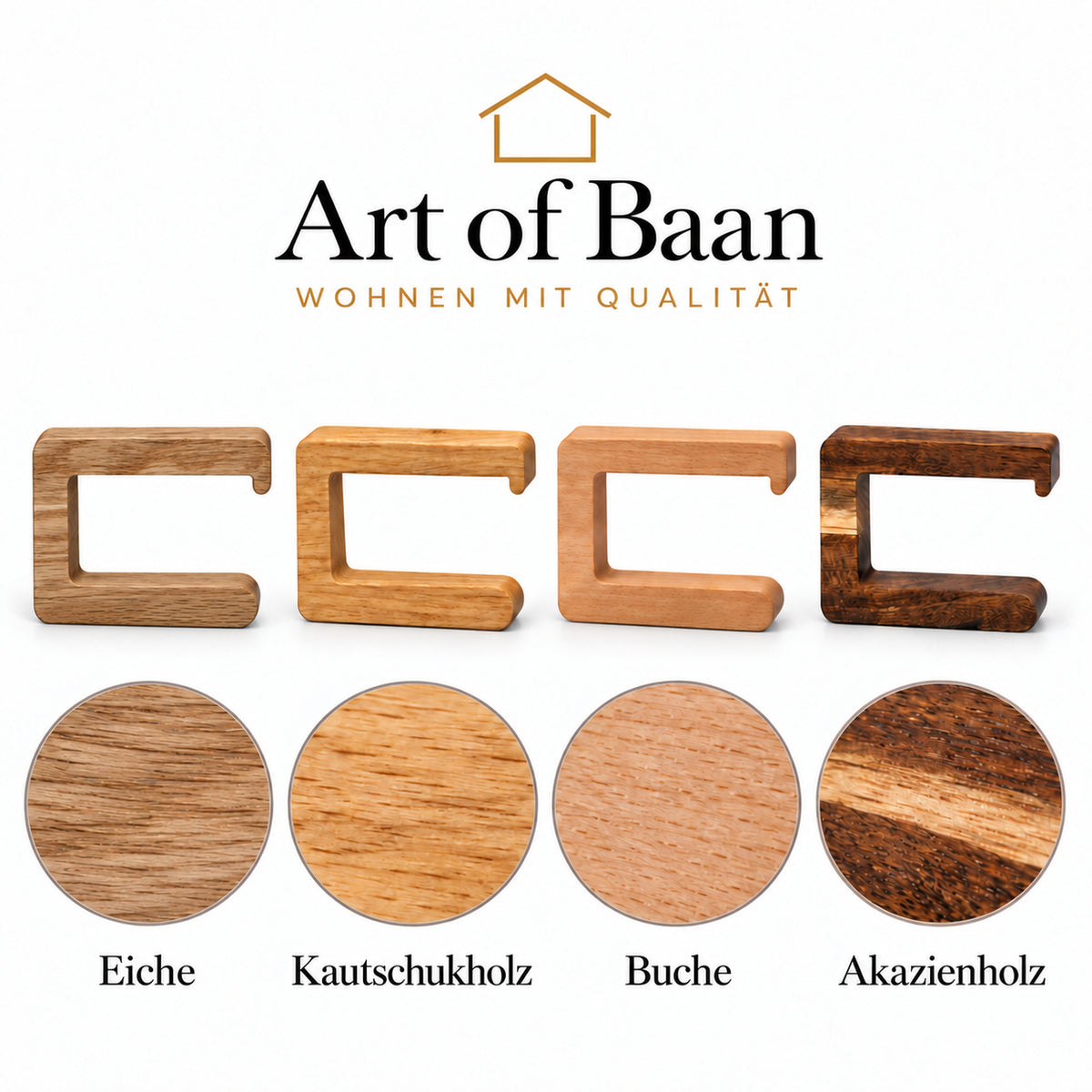 Vergleich von Eiche, Kautschukholz, Buche und Akazie mit Detailansichten der Holzmaserung