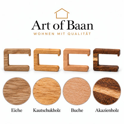 Vergleich von Eiche, Kautschukholz, Buche und Akazie mit Detailansichten der Holzmaserung