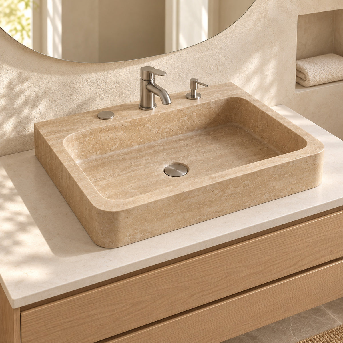Helles modernes Badezimmer mit Travertin-Waschbecken 60 × 40 × 11 cm, Eichenwaschtisch, Einhebelarmatur und eingebautem Seifenspender.
