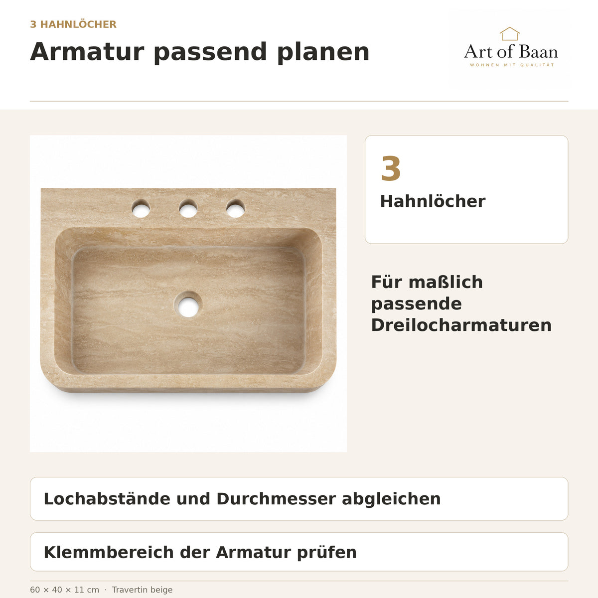 Travertin-Waschbecken mit drei Hahnlöchern und Hinweisen zum Abgleich von Lochabständen, Durchmessern und Armaturenbefestigung.
