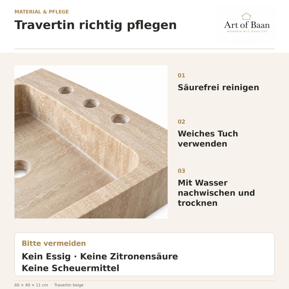 Detail des Travertin-Waschbeckens mit Pflegehinweisen zu säurefreier Reinigung, weichem Tuch und anschließendem Trocknen.
