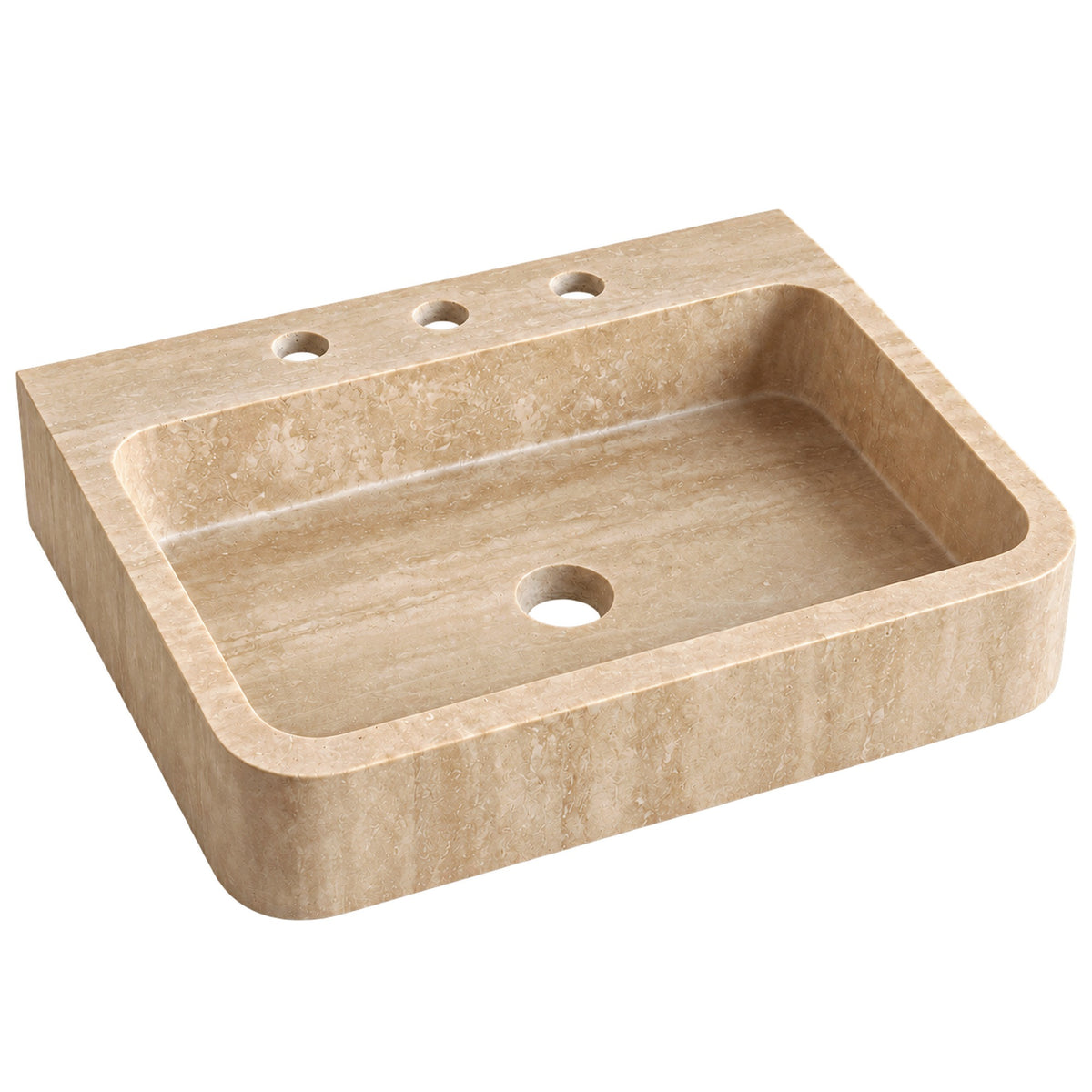 Beiges Travertin-Waschbecken 60 × 40 × 11 cm mit drei Hahnlöchern, freigestellt auf weißem Hintergrund.
