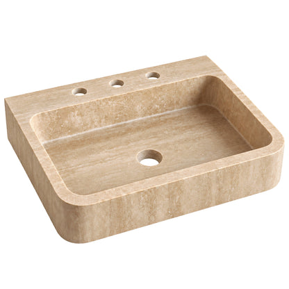 Beiges Travertin-Waschbecken 60 × 40 × 11 cm mit drei Hahnlöchern, freigestellt auf weißem Hintergrund.
