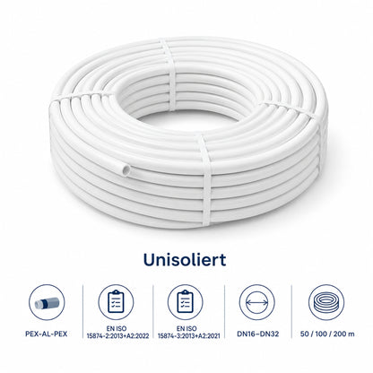 Unisoliertes PEX-AL-PEX Mehrschichtverbundrohr als weiße Rohrrolle mit Angaben zu EN ISO 15874-2, EN ISO 15874-3, DN16 bis DN32 sowie 50, 100 und 200 m
