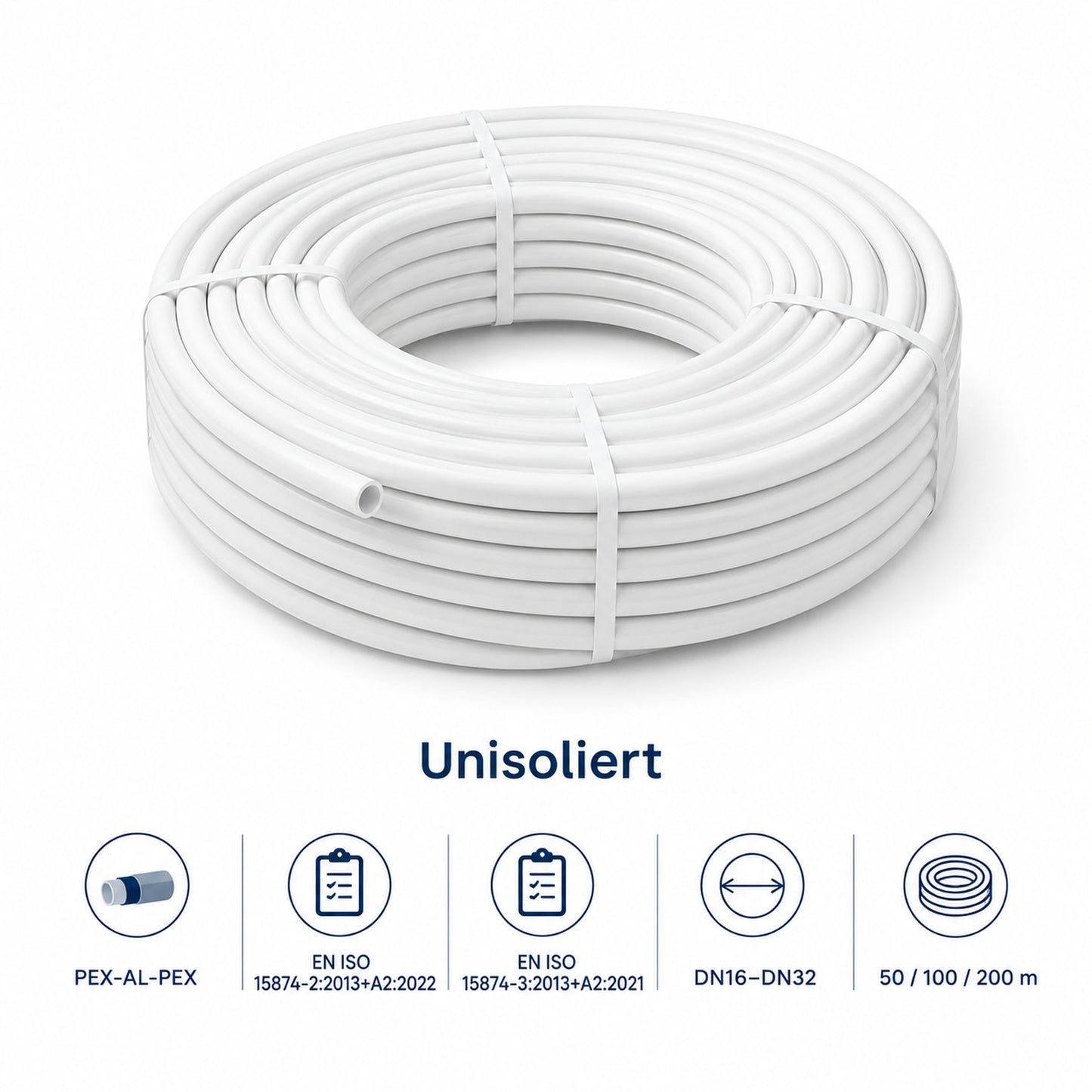Unisoliertes PEX-AL-PEX Mehrschichtverbundrohr als weiße Rohrrolle mit Angaben zu EN ISO 15874-2, EN ISO 15874-3, DN16 bis DN32 sowie 50, 100 und 200 m