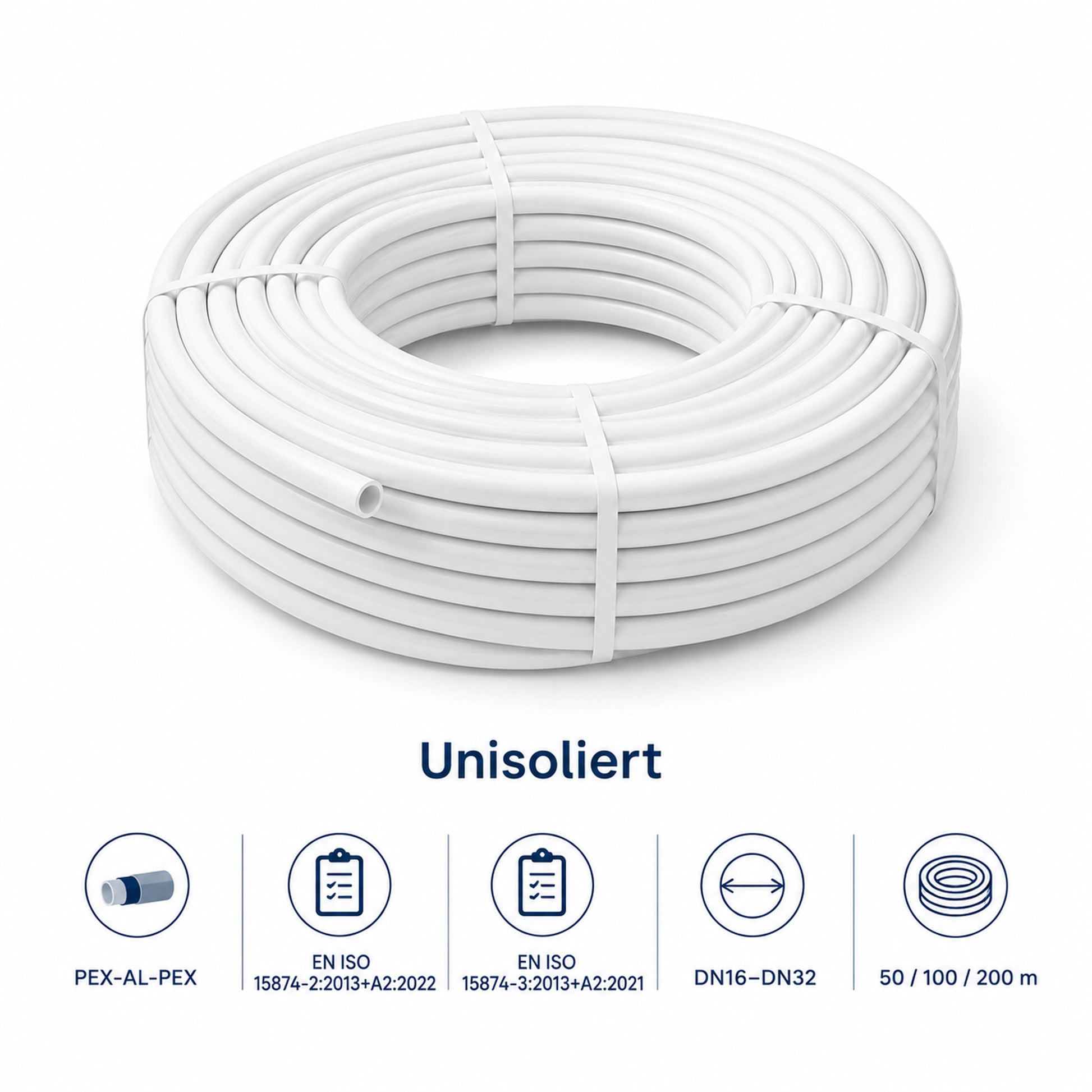 Unisoliertes PEX-AL-PEX Mehrschichtverbundrohr als weiße Rohrrolle mit Angaben zu EN ISO 15874-2, EN ISO 15874-3, DN16 bis DN32 sowie 50, 100 und 200 m