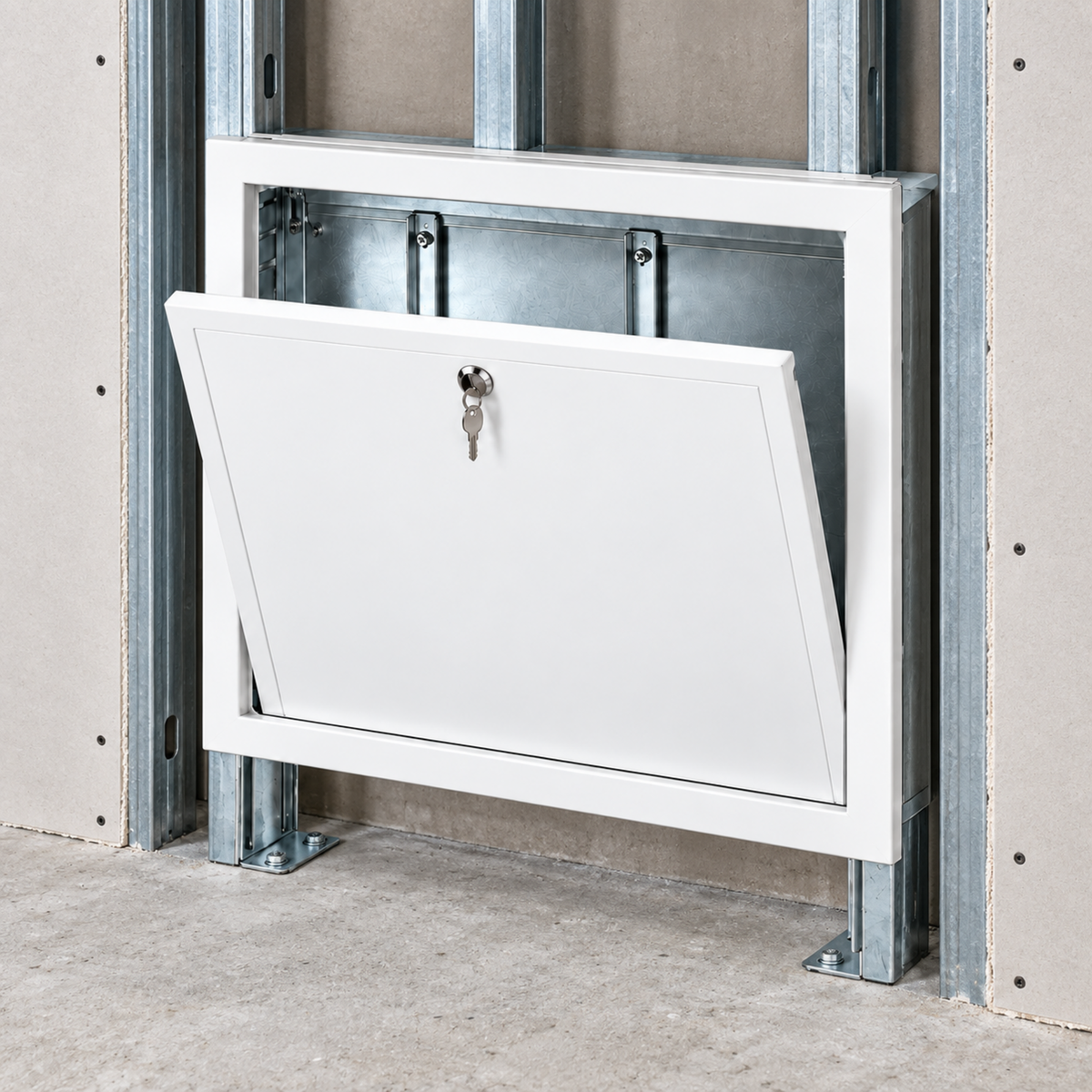 Unterputz-Verteilerschrank bei der Rohbaumontage zwischen Metallständern mit sichtbaren höhenverstellbaren Füßen
