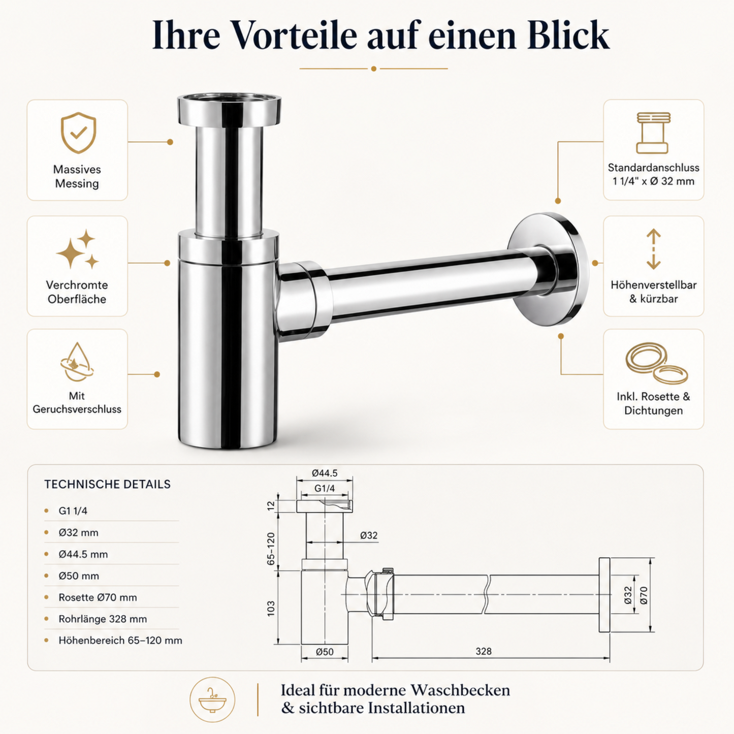 Infografik mit den Vorteilen eines verchromten Waschbecken-Siphons aus Messing mit Geruchsverschluss, Standardanschluss 1 1/4 Zoll x 32 mm, technischer Zeichnung und Produktdetails
