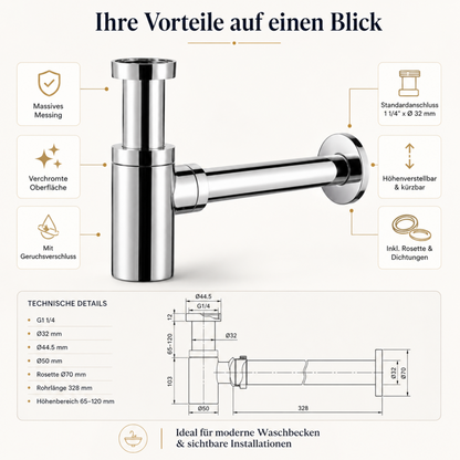 Infografik mit den Vorteilen eines verchromten Waschbecken-Siphons aus Messing mit Geruchsverschluss, Standardanschluss 1 1/4 Zoll x 32 mm, technischer Zeichnung und Produktdetails
