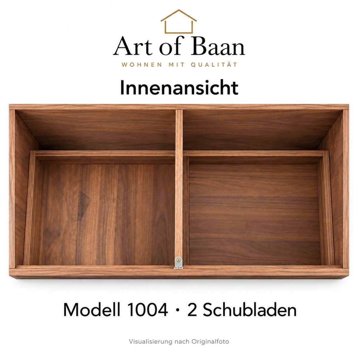 Visualisierte Innenansicht von Modell 1004 mit einer mittleren Trennwand, Art-of-Baan-Logo und Angabe 2 Schubladen.
