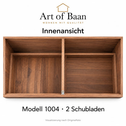 Visualisierte Innenansicht von Modell 1004 mit einer mittleren Trennwand, Art-of-Baan-Logo und Angabe 2 Schubladen.
